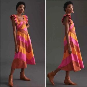 Anthropologie Love The Label Colorblock Chevron Ruffle Strap Midi Dress XS.